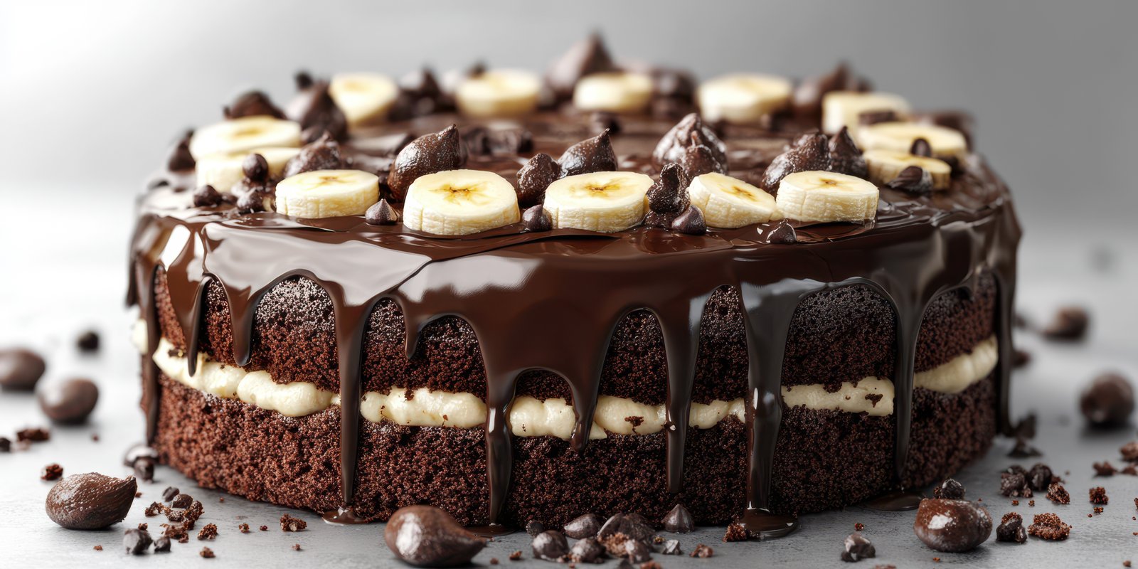 Delicious chocolate banana cake topped with slices and chocolate drizzle prepared in a kitchen setting